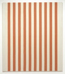 Peinture acrylique blanche sur tissu rayé blanc et orange (White acrylic painting on white and orange striped fabric)