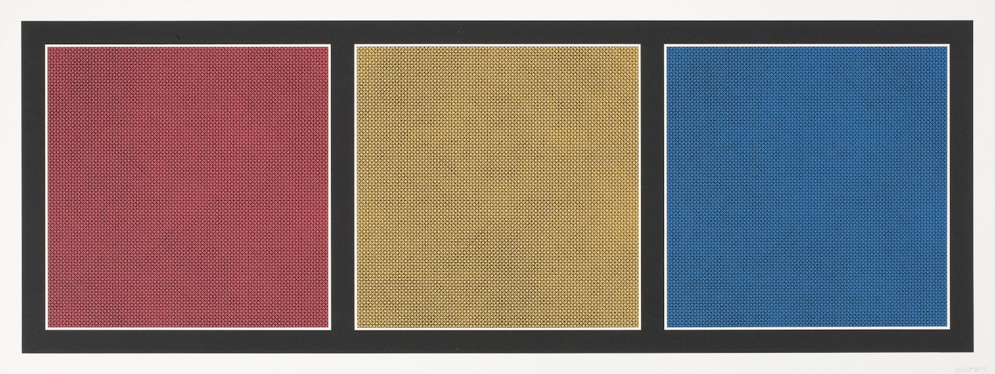 A Rectangle Bordered and Divided Vertically into Three Equal Squares; One Red, One Yellow, and One Blue; Each with Black Lines in Four Directions