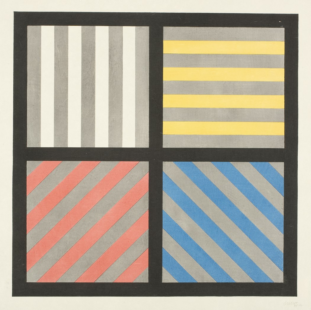 Lines in Four Directions with Alternating Color and Gray Bands