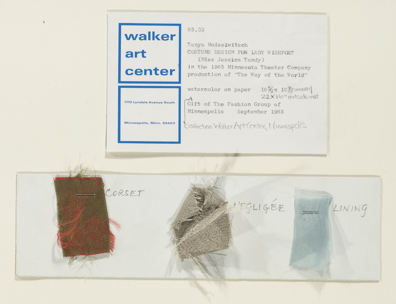 Verso with fabric swatches and label information