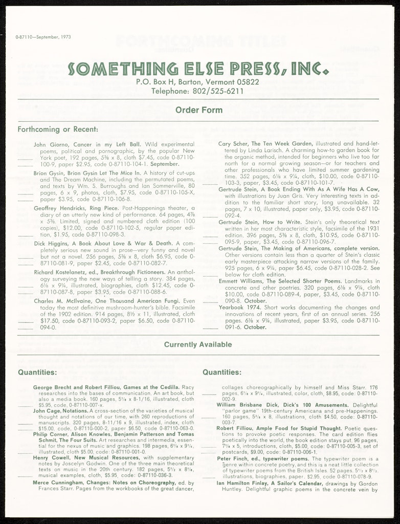 Something Else Press - Order Form