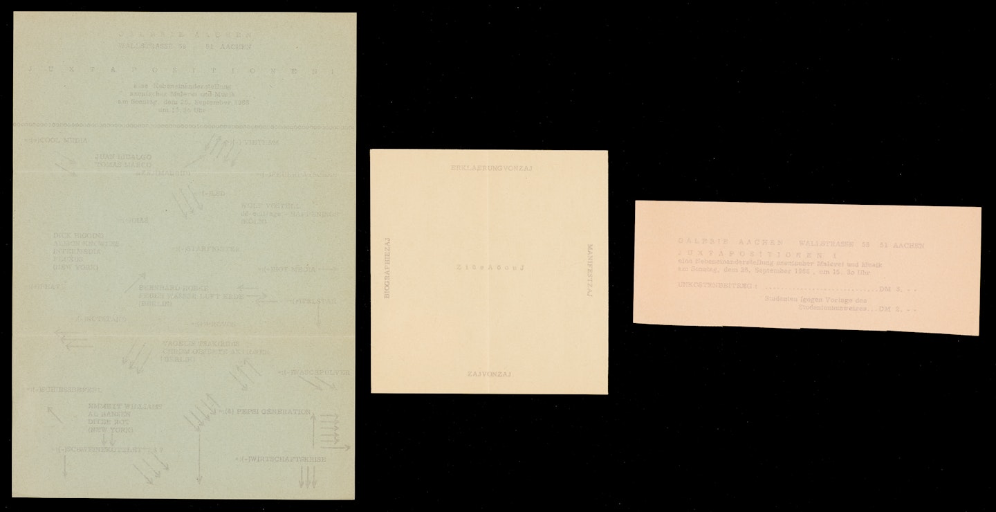 Three sheets related to Juxtapositionen I, a performance and exhibition at Galerie Aachen, Sept. 25, 1966. One sheet a program, one a ticket, one a Zaj manifesto. Text is in German.
